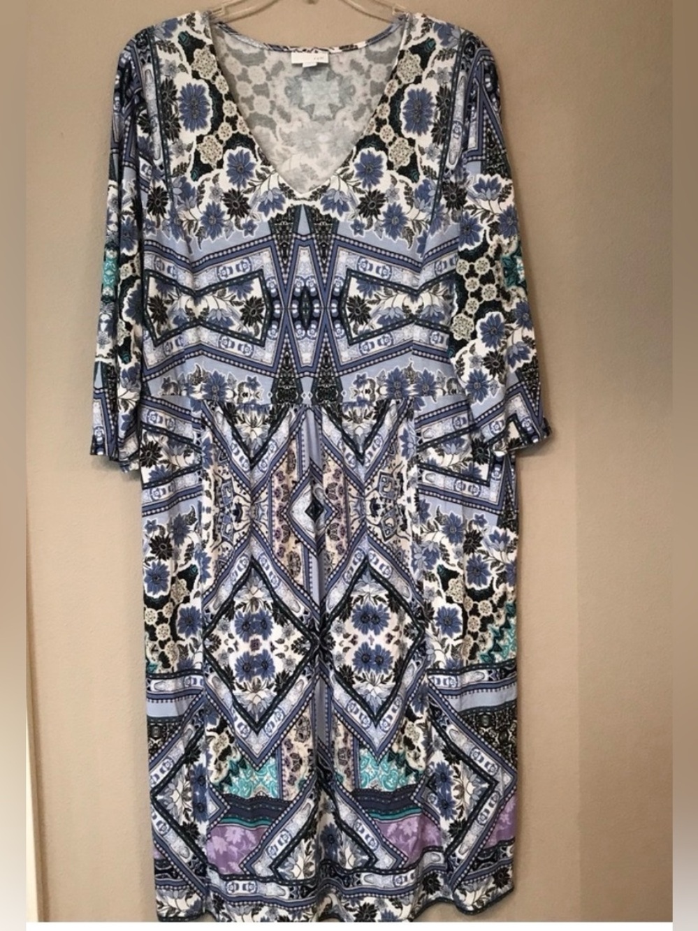 J.Jill V-Neck Dress 3/4 Sleeve Relaxed Fit Size L